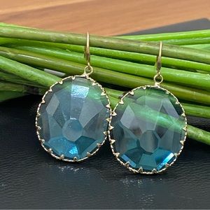 Unsigned Blue Topaz Faceted Glass Round Bezel Drop Earrings 11.8g